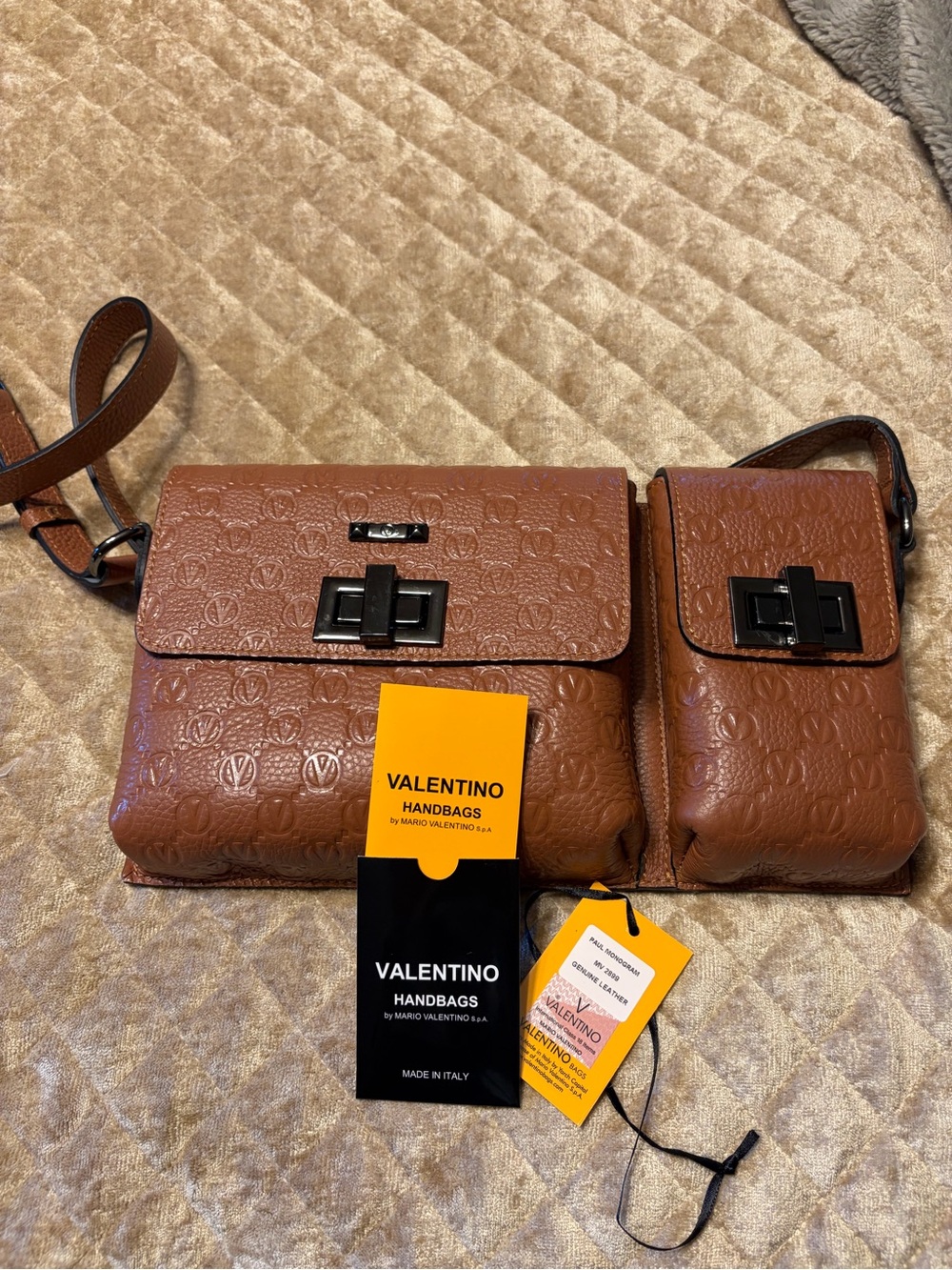 Valentino Brown Embossed Leather Dual-Pouch Crossbody